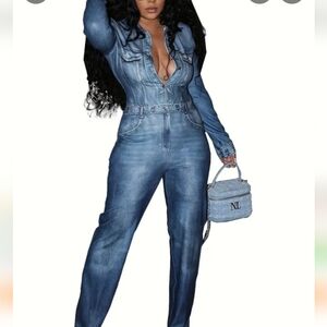 Blue Denim Women's Jeans Print Jumpsuit